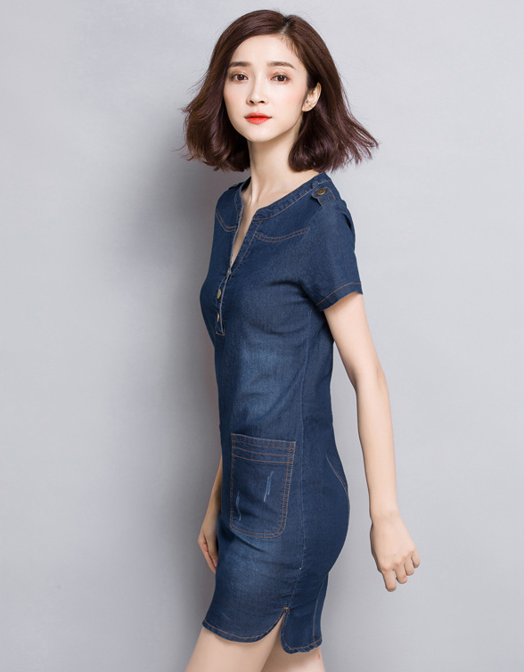 ĐẦM JEAN DÁNG SUÔNG CỔ TRỤ LAI BẦU - NJ177